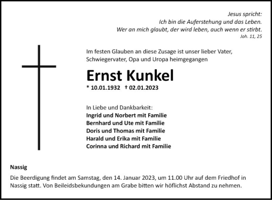 Traueranzeige von Ernst Kunkel von Fränkische Nachrichten