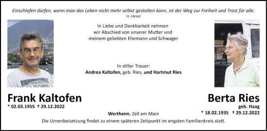 Traueranzeige von Frank Kaltofen von Fränkische Nachrichten