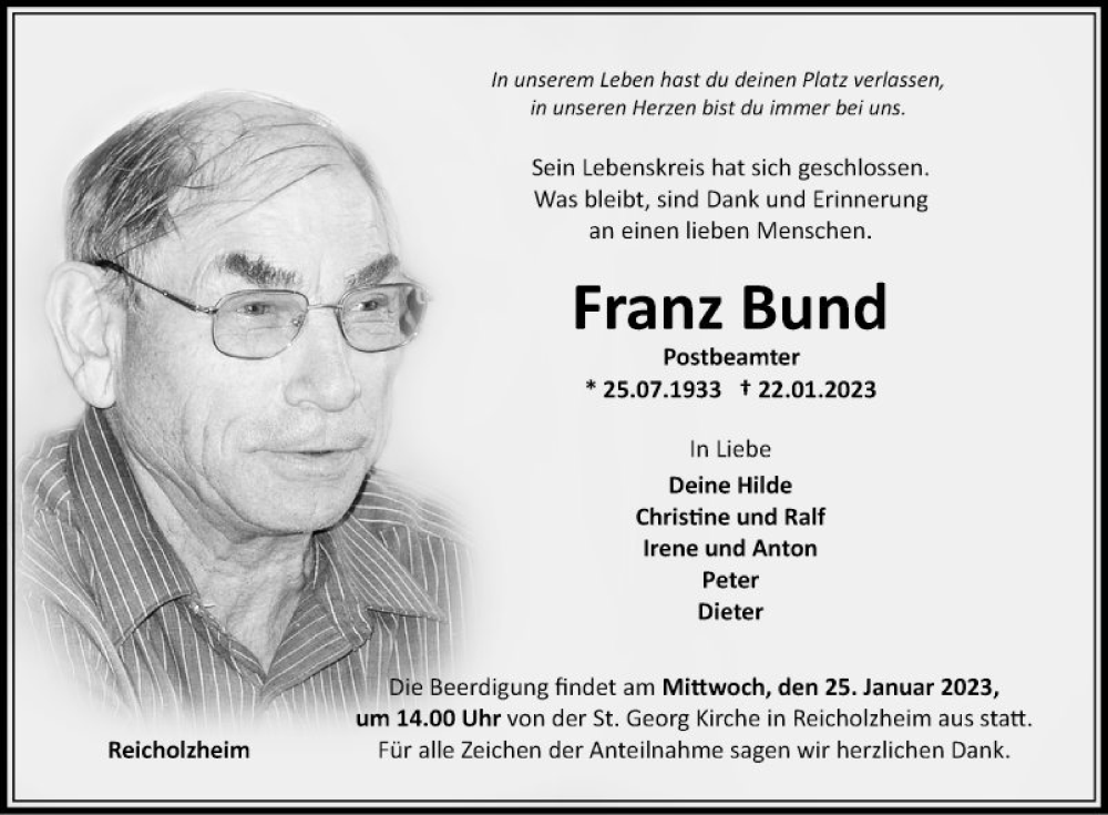  Traueranzeige für Franz Bund vom 24.01.2023 aus Fränkische Nachrichten