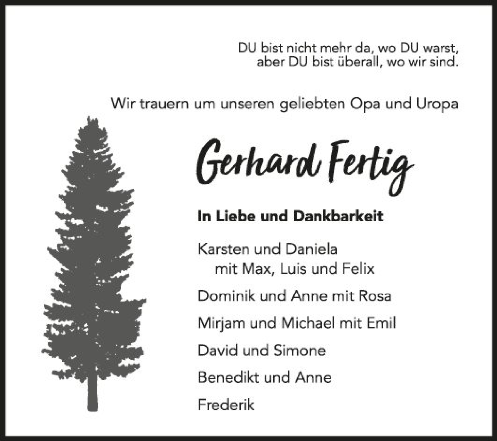  Traueranzeige für Gerhard Fertig vom 07.01.2023 aus Fränkische Nachrichten