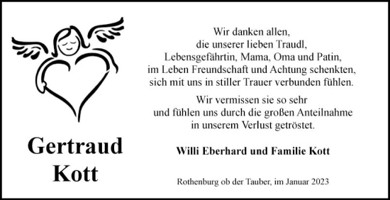 Traueranzeige von Gertraud Kott von Fränkische Nachrichten