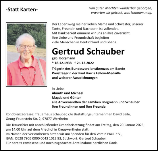 Traueranzeige von Gertrud Schauber von Fränkische Nachrichten