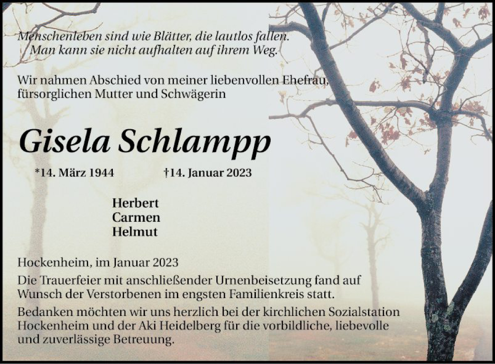  Traueranzeige für Gisela Schlampp vom 28.01.2023 aus Schwetzinger Zeitung
