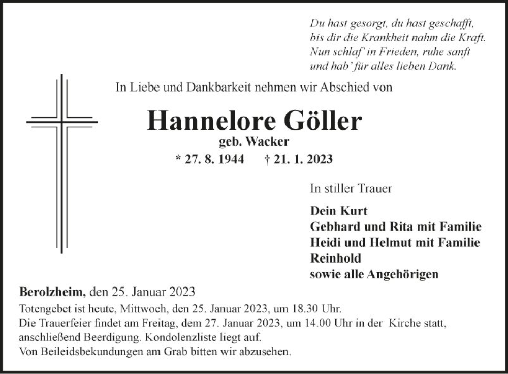  Traueranzeige für Hannelore Göller vom 25.01.2023 aus Fränkische Nachrichten