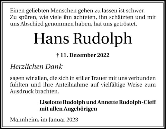 Traueranzeige von Hans Rudolph von Mannheimer Morgen
