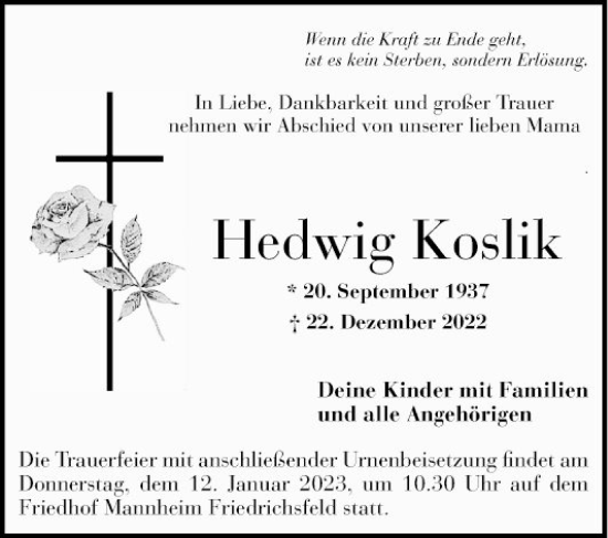 Traueranzeige von Hedwig Koslik von Mannheimer Morgen