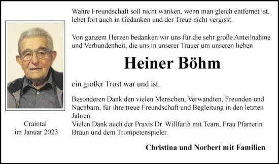 Traueranzeige von Heiner Böhm von Fränkische Nachrichten