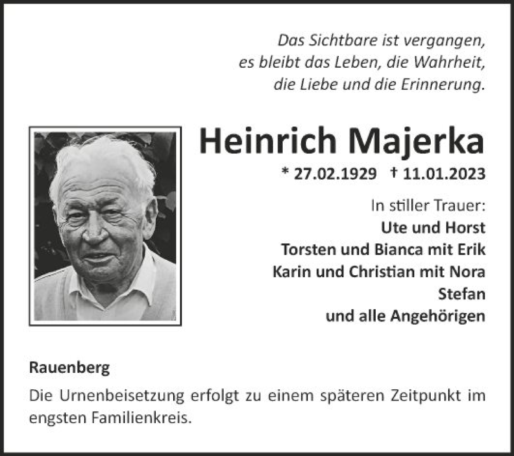  Traueranzeige für Heinrich Majerka vom 21.01.2023 aus Fränkische Nachrichten