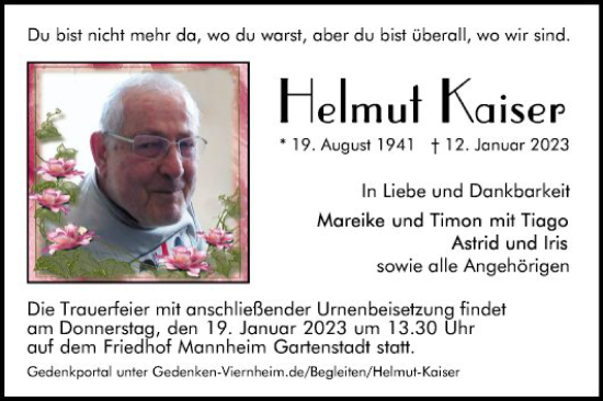 Traueranzeige von Helmut Kaiser von Mannheimer Morgen