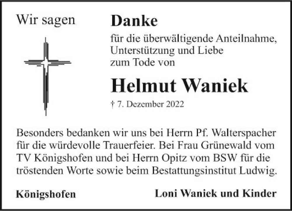  Traueranzeige für Helmut Waniek vom 09.01.2023 aus Fränkische Nachrichten