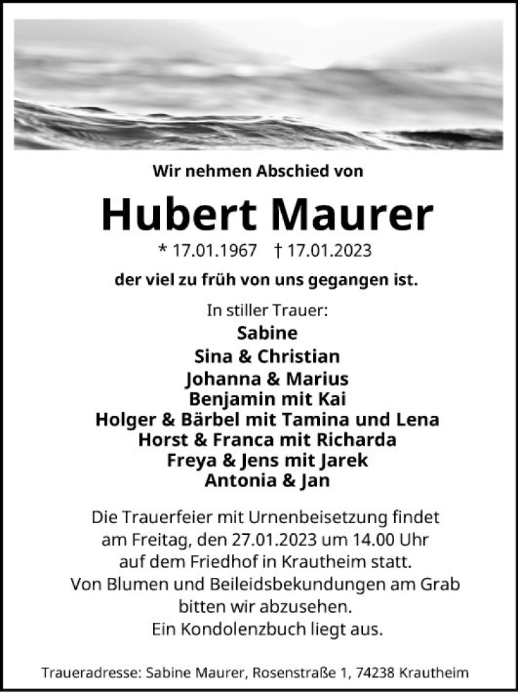 Traueranzeige für Hubert Maurer vom 24.01.2023 aus Fränkische Nachrichten