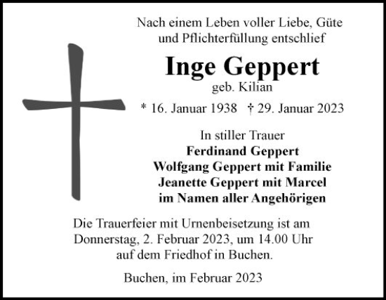 Traueranzeige von Inge Geppert von Fränkische Nachrichten