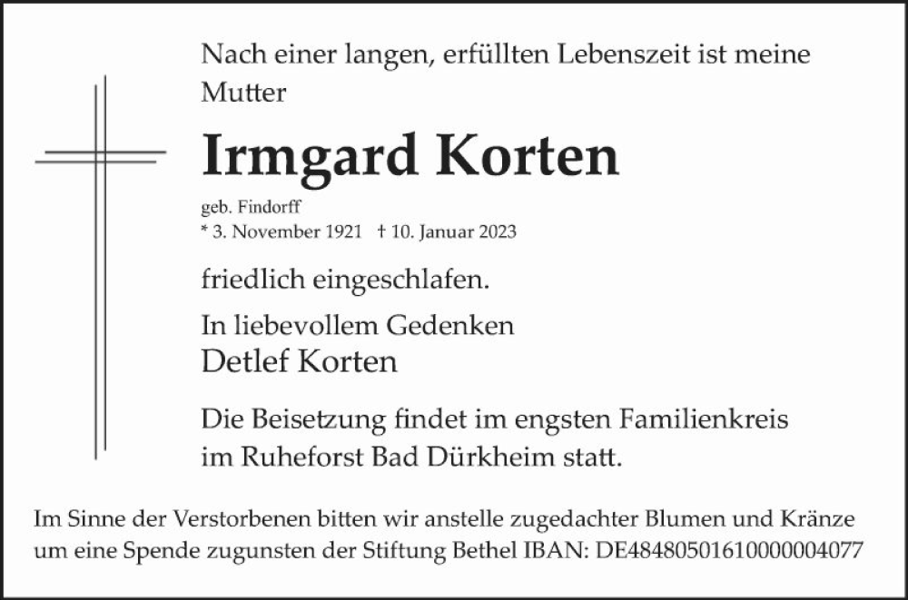  Traueranzeige für Irmgard Korten vom 14.01.2023 aus Mannheimer Morgen