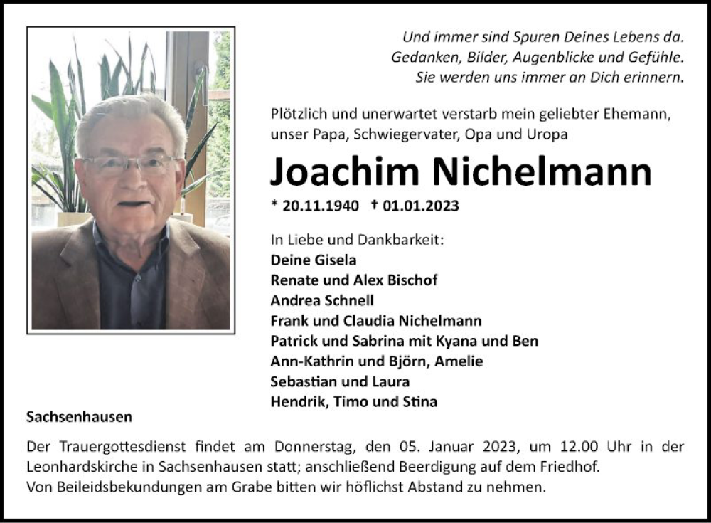  Traueranzeige für Joachim Nichelmann vom 04.01.2023 aus Fränkische Nachrichten