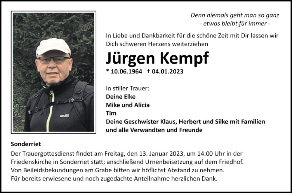  Traueranzeige für Jürgen Kempf vom 10.01.2023 aus Fränkische Nachrichten