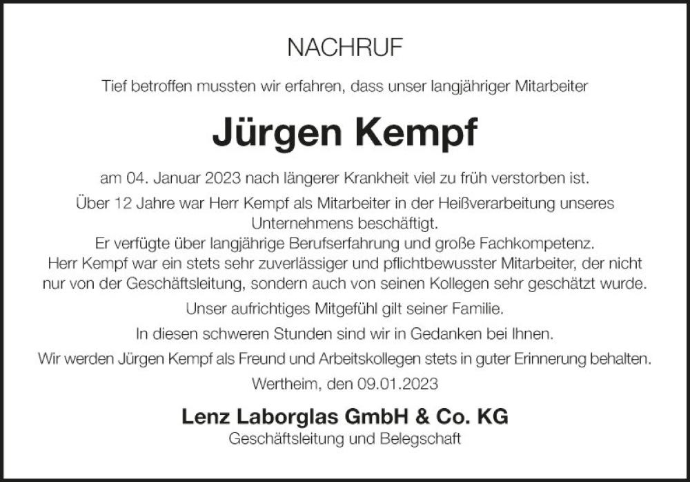 Traueranzeige für Jürgen Kempf vom 10.01.2023 aus Fränkische Nachrichten