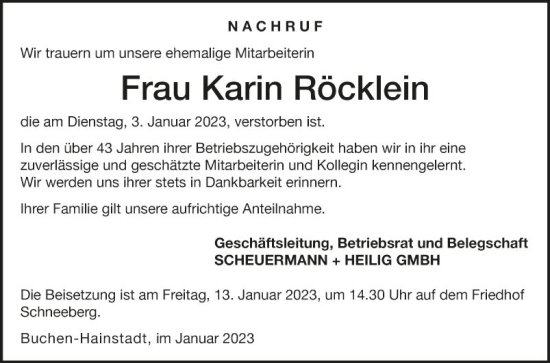 Traueranzeige von Karin Röcklein von Fränkische Nachrichten