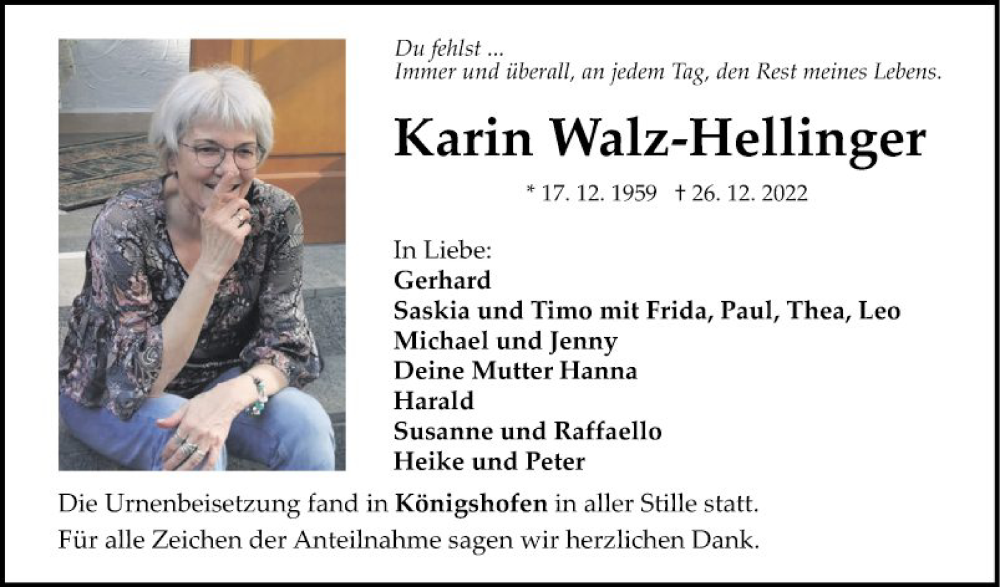  Traueranzeige für Karin Walz-Hellinger vom 14.01.2023 aus Fränkische Nachrichten