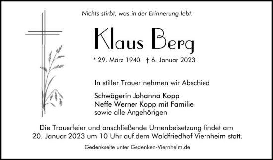Traueranzeige von Klaus Berg von Mannheimer Morgen