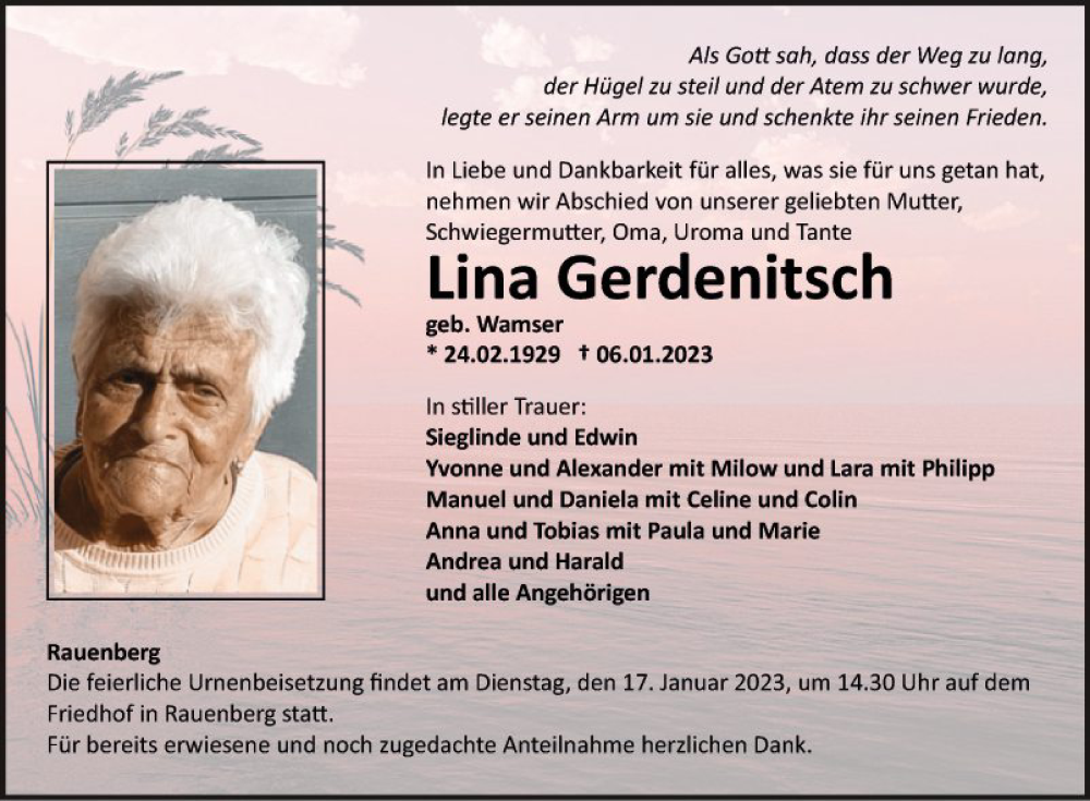 Traueranzeige für Lina Gerdenitsch vom 11.01.2023 aus Fränkische Nachrichten