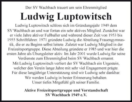 Traueranzeige von Ludwig Luptowitsch von Fränkische Nachrichten
