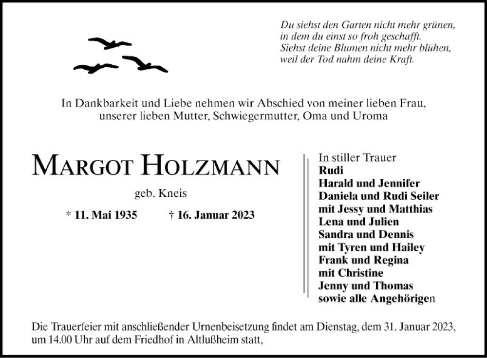  Traueranzeige für Margot Holzmann vom 28.01.2023 aus Schwetzinger Zeitung