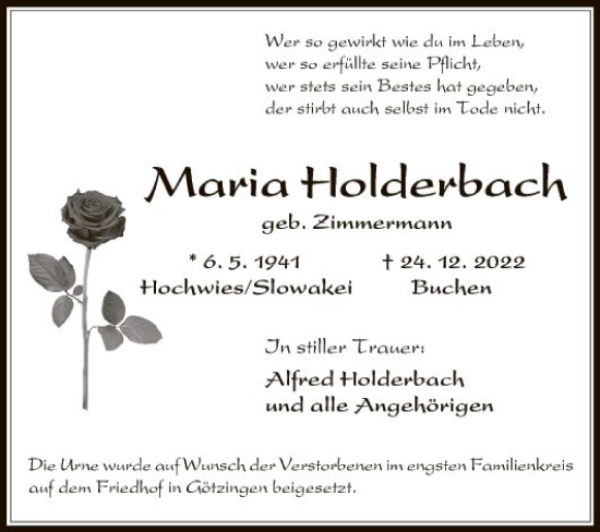 Traueranzeige von Maria Holderbach von Fränkische Nachrichten