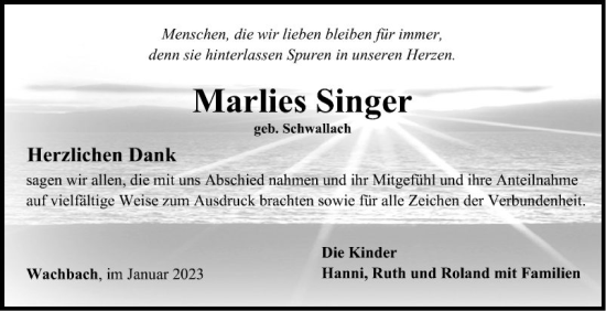 Traueranzeige von Marlies Singer von Fränkische Nachrichten