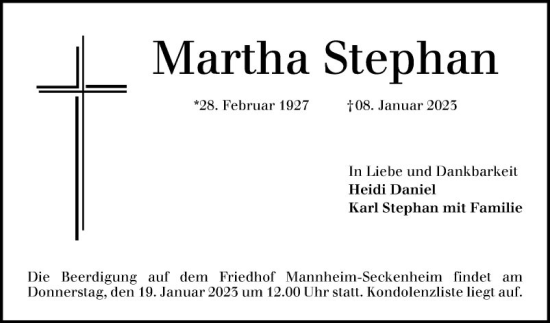 Traueranzeige von Martha Stephan von Mannheimer Morgen