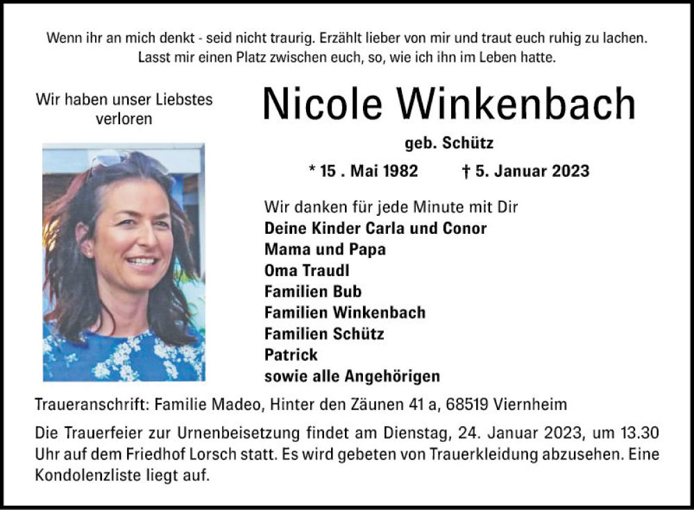  Traueranzeige für Nicole Winkenbach vom 21.01.2023 aus Bergsträßer Anzeiger