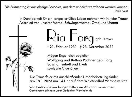 Traueranzeige von Ria Forg von Mannheimer Morgen