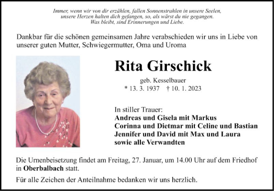 Traueranzeige von Rita Girschick von Fränkische Nachrichten