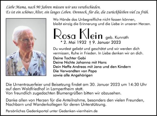 Traueranzeige von Rosa Klein von Mannheimer Morgen