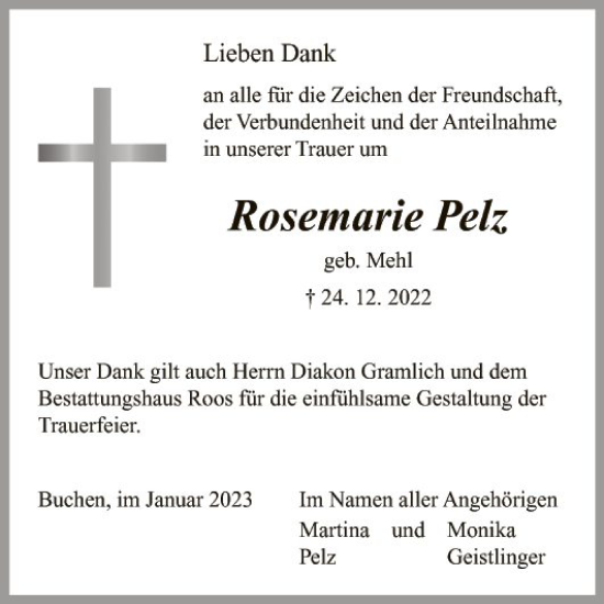 Traueranzeige von Rosemarie Pelz von Fränkische Nachrichten