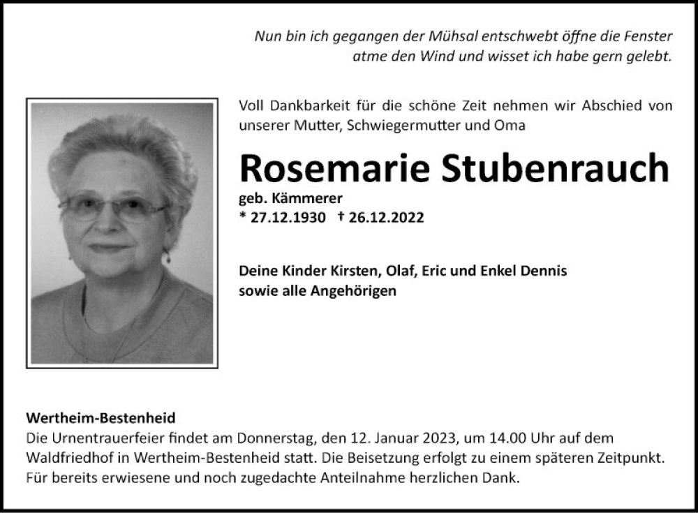  Traueranzeige für Rosemarie Stubenrauch vom 04.01.2023 aus Fränkische Nachrichten