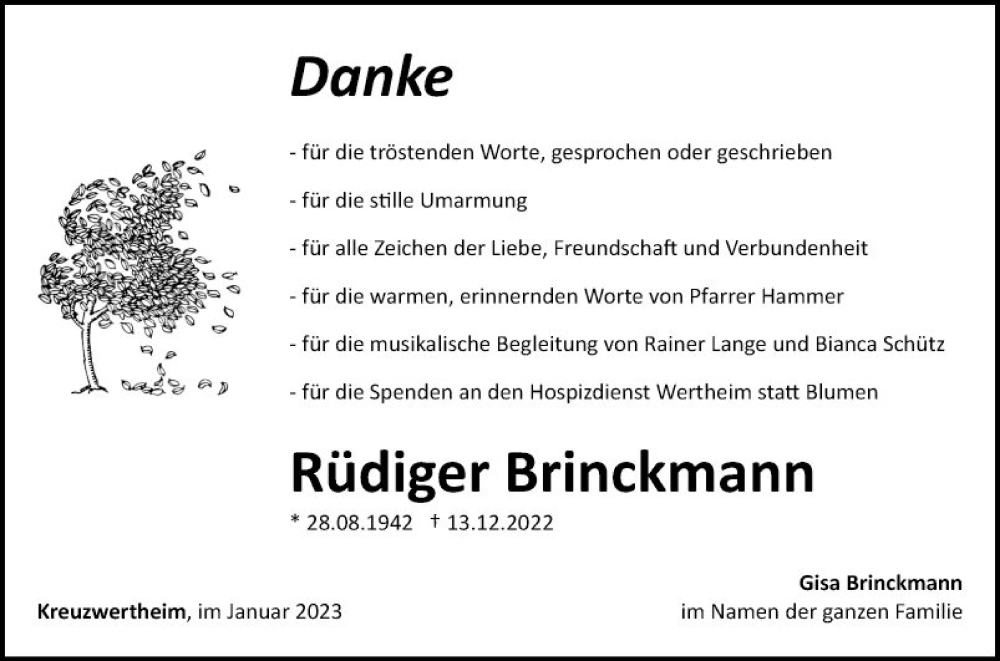  Traueranzeige für Rüdiger Brinckmann vom 14.01.2023 aus Fränkische Nachrichten