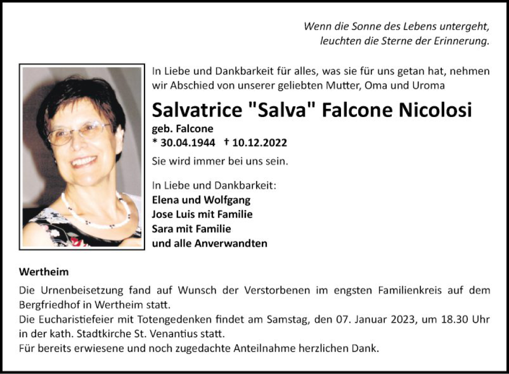  Traueranzeige für Salvatrice Falcone Nicolosi vom 04.01.2023 aus Fränkische Nachrichten