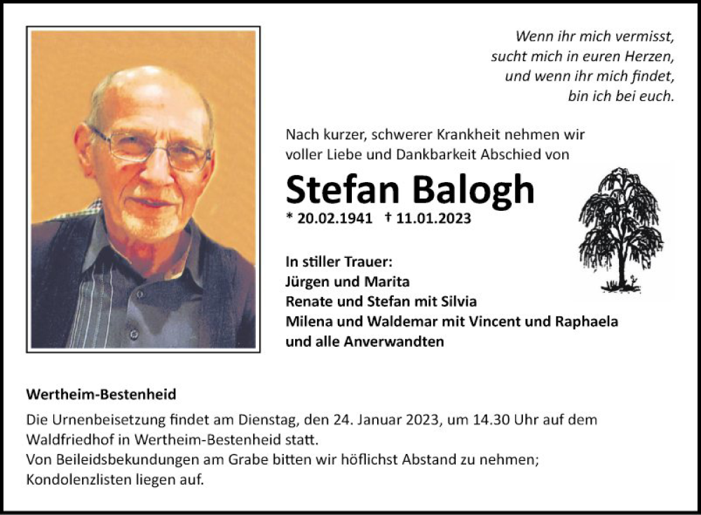  Traueranzeige für Stefan Balogh vom 17.01.2023 aus Fränkische Nachrichten