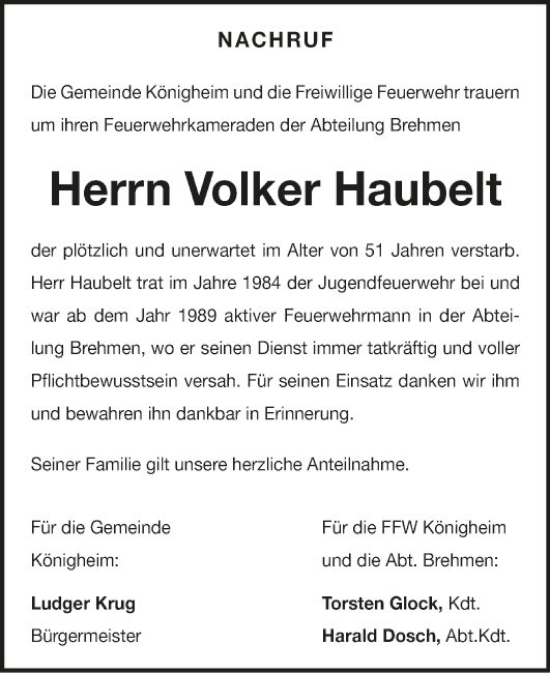 Traueranzeige von Volker Haubelt von Fränkische Nachrichten