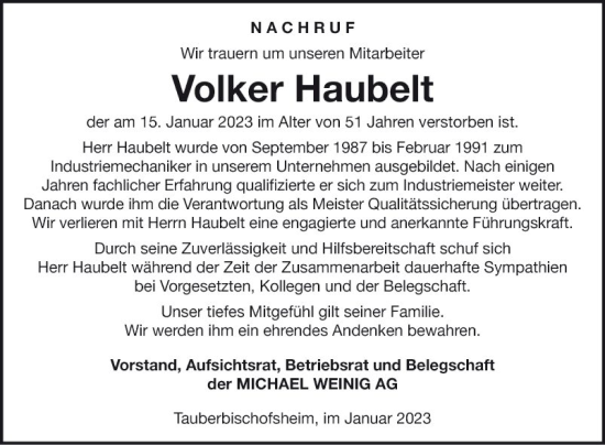 Traueranzeige von Volker Haubelt von Fränkische Nachrichten