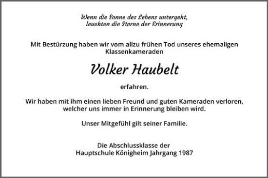 Traueranzeige von Volker Haubelt von Fränkische Nachrichten