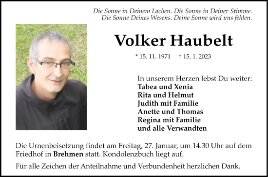 Traueranzeige von Volker Haubelt von Fränkische Nachrichten