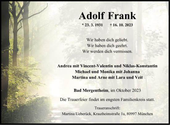 Traueranzeige von Adolf Frank von Fränkische Nachrichten