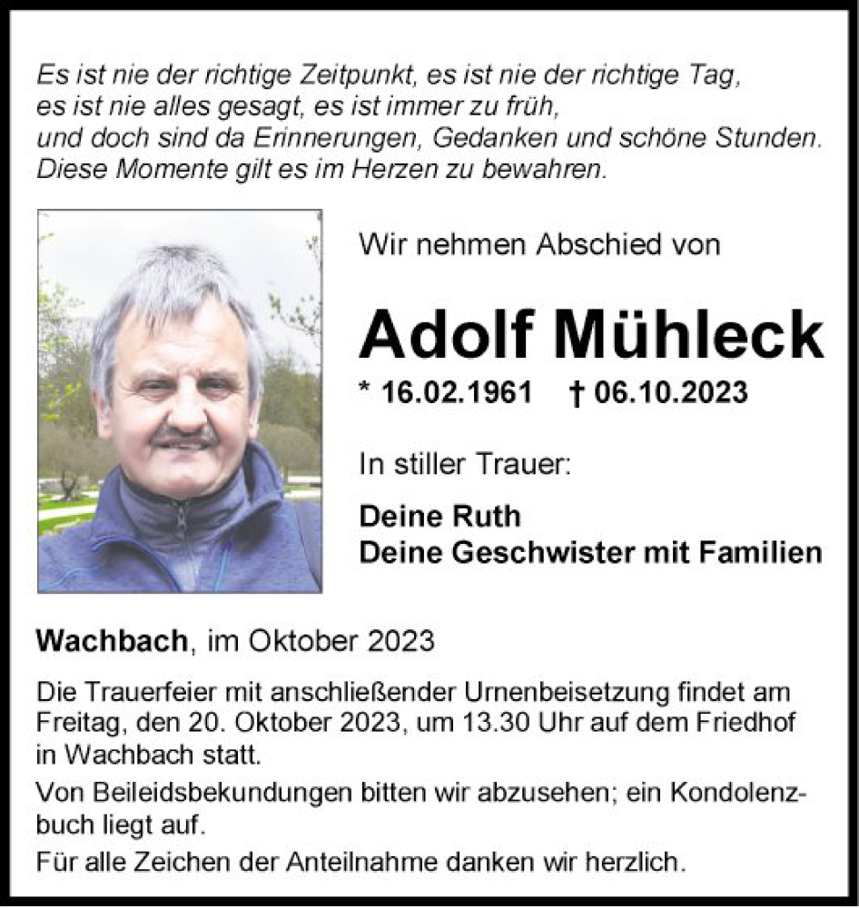  Traueranzeige für Adolf Mühleck vom 17.10.2023 aus Fränkische Nachrichten