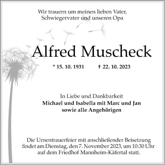 Traueranzeige von Alfred Muscheck von Mannheimer Morgen