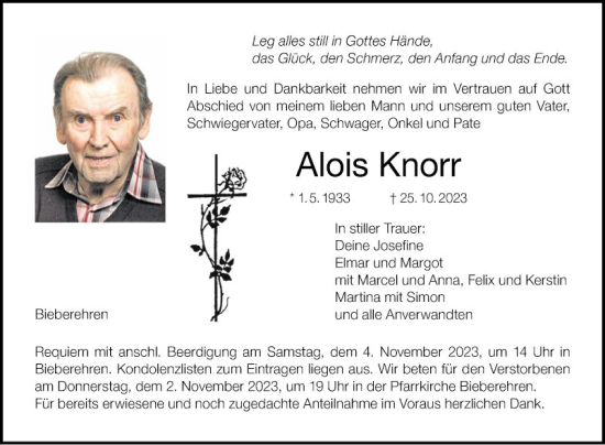 Traueranzeige von Alois Knorr von Fränkische Nachrichten