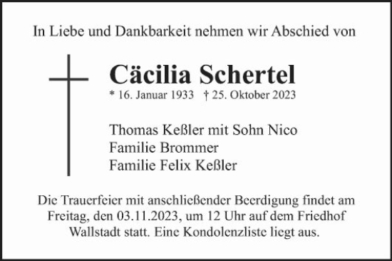 Traueranzeige von Cäcilia Schertel von Mannheimer Morgen