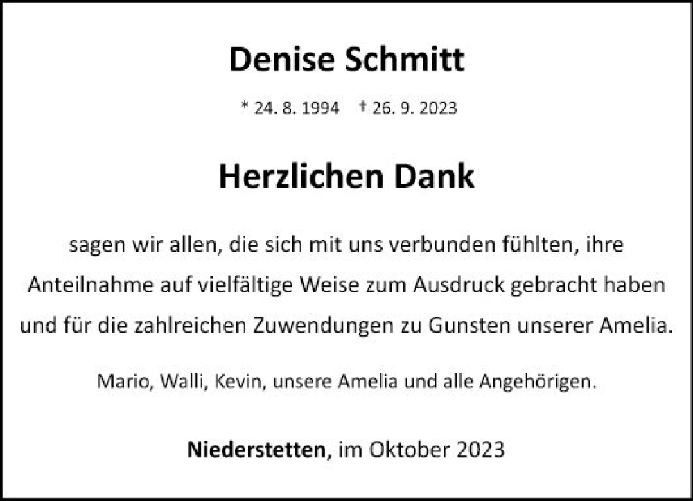  Traueranzeige für Denise Schmitt vom 18.10.2023 aus Fränkische Nachrichten
