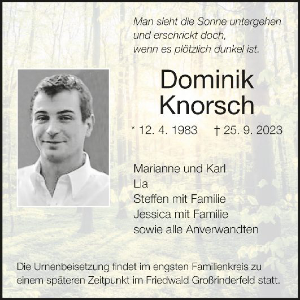  Traueranzeige für Dominik Knorsch vom 14.10.2023 aus Fränkische Nachrichten
