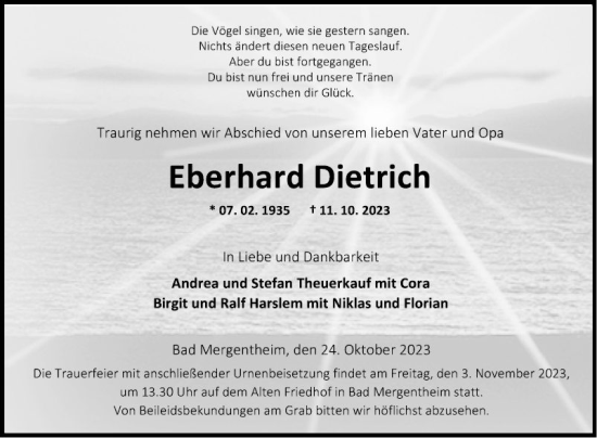 Traueranzeige von Eberhard Dietrich von Fränkische Nachrichten